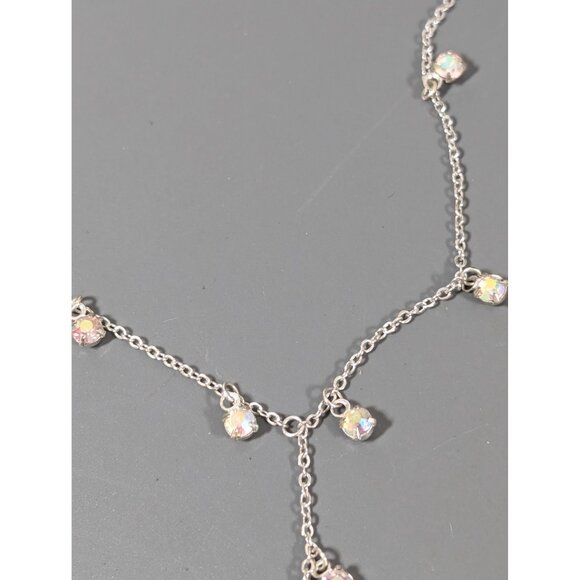 Silver Tone Aurora Borealis Rhinestone Charm Y-Drop Necklace Dainty 18" - Picture 5 of 8